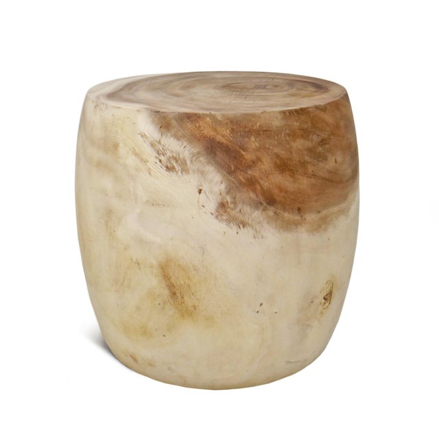 Solid acacia wood drum side table / stool with raw sanded smooth finish. Each unique with grain and natural patterns....