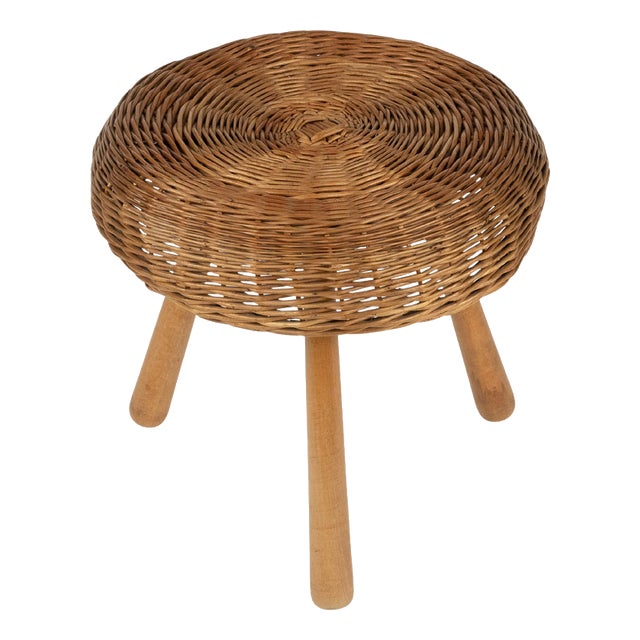 Mid-Century Wicker and Wood Tripod Stool attributed to Tony Paul, USA, 1950s For Sale