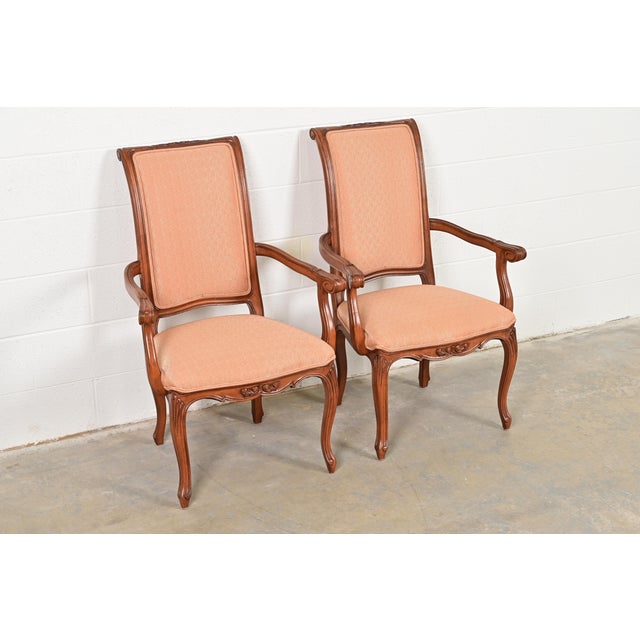 Baker Furniture Company Baker Furniture French Provincial Louis XV Carved Walnut Armchairs or Dining Captain Chairs, Pair For Sale - Image 4 of 13