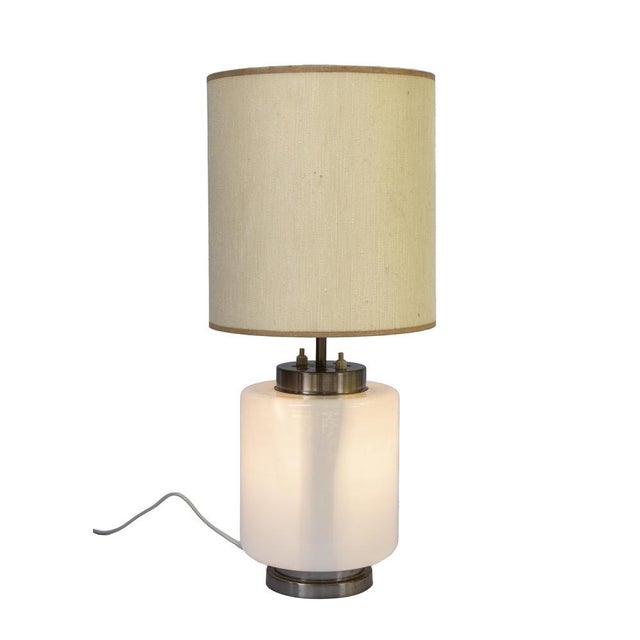 Vintage Table Lamp by Stilnovo, Italy 1960s. h58×25×25 cm. Brass structure, opal glass base containing a light and fabric...