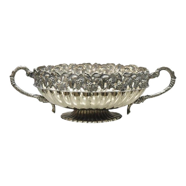 Antique Victorian Silver Plated Grapevine Oval Twin Handle Centerpiece Fruit Bowl For Sale