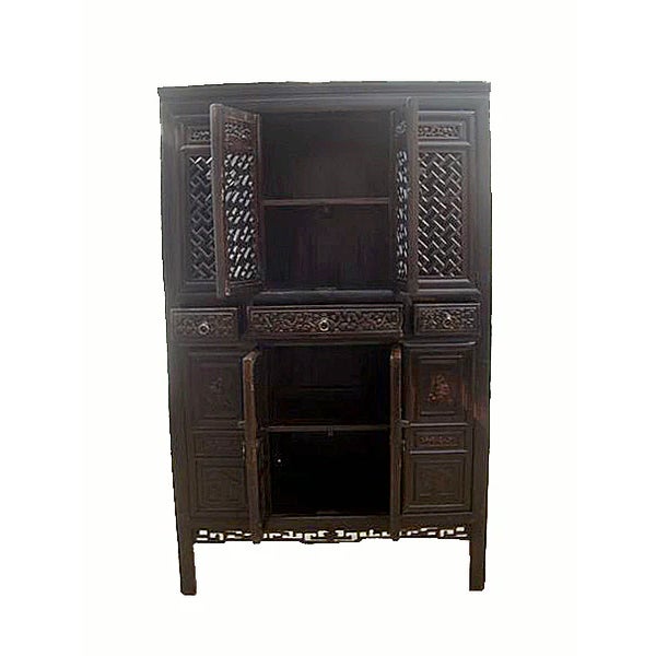 1900 - 1909 Dark Reddish Brown Lattice and Carved Cabinet For Sale - Image 5 of 7