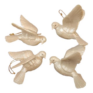 Vintage White Porcelain Irredescent Dove Ornaments Set of 4 For Sale