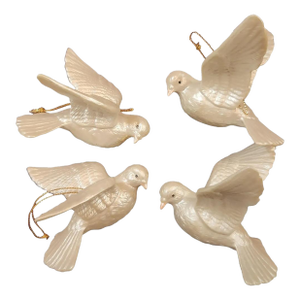 Vintage White Porcelain Irredescent Dove Ornaments Set of 4