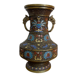 Vintage Japanese Champlevé Brass & Cloisonné Floral Vase