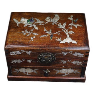 Vintage Chinese Huali Rosewood Mother-of-Pearl Inlaid "Bird & Pomegranate" Jewelry Box For Sale