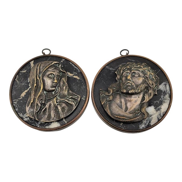 Rare One Of Kind Antique Jesus & Mary Wall Hanging Bronze & Green Marble Plaques For Sale