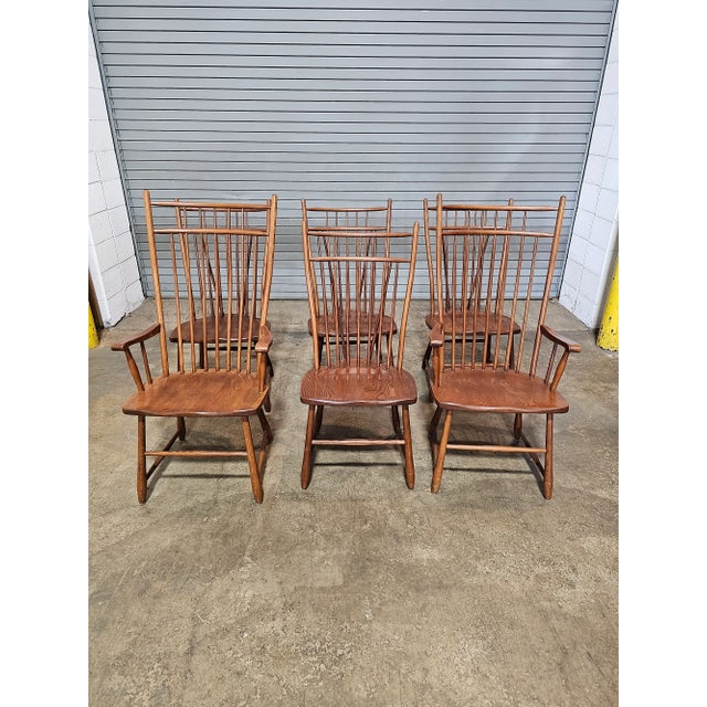 Store Item: Set of 6 S Bent Bros. Modern Colonial Revival Bird Cage Windsor Chairs Description: Group of six modern hand...