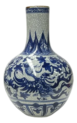 Oriental Blue White Crackle Base Phoenix Porcelain Art Vase