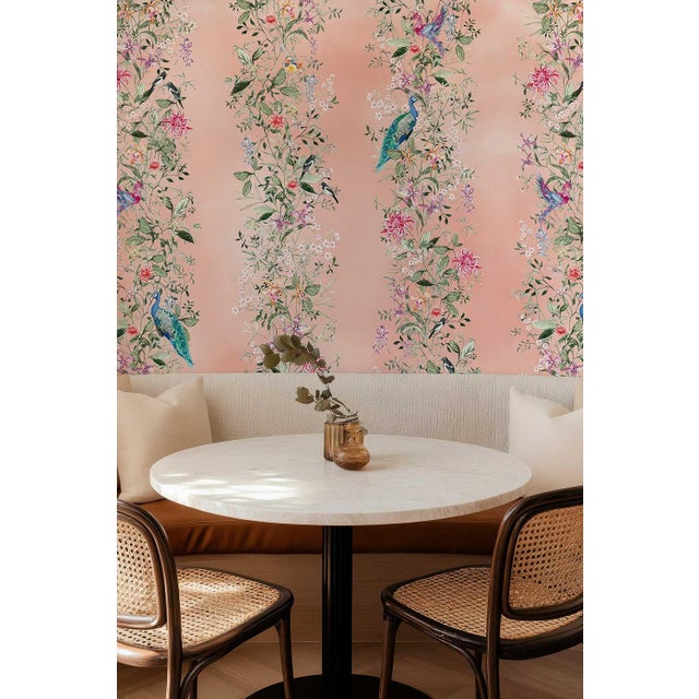 Mahjong Floral Stripe Grasscloth Wallpaper by House Party | Coral Crack | 6 Yards For Sale In Charlotte - Image 6 of 7