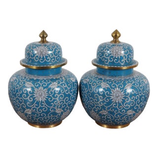 Antique Turquoise Cloisonné Chrysanthemums Lidded Ginger Jar Vase Urn - a Pair For Sale