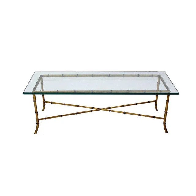 Mid Century Modern X Base Rectangular Gilt Faux Bamboo Glass Top Coffee Table For Sale - Image 11 of 11
