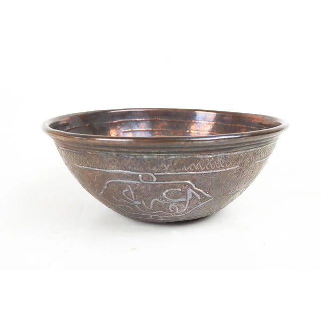Small Antique Middle East Arabic Calligraphy Silver Inlay Copper Bowl For Sale In Seattle - Image 6 of 6
