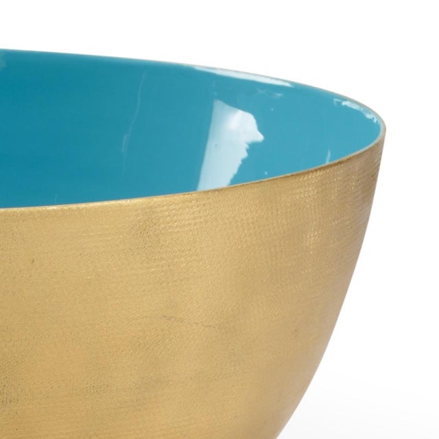 Aqua enamel bowl with gold textured exterior. Not for food use. For decoration only. 6.3h x 7w x 7d