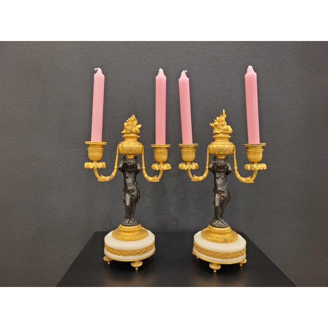 19th Century Putti Candlesticks in Bronze, Ormolu and Marble, France, 1890s, Set of 2 For Sale - Image 5 of 17