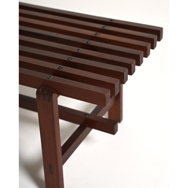 Wood Vintage Dark Wood Slatted Bench, 1970s For Sale - Image 7 of 9