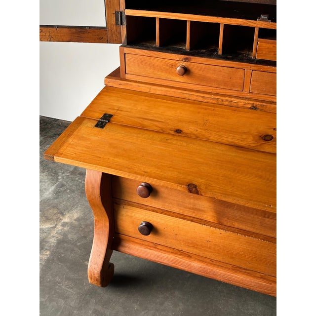 Pine Fall-Front Secretary Desk With Glass-Front Bookcase, Circa 1840s For Sale - Image 10 of 18