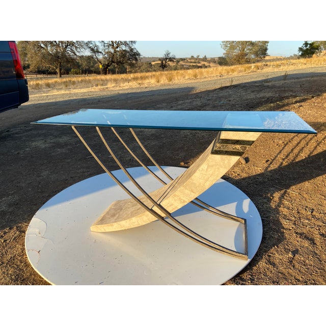 Vintage Postmodern Tessellated Stone & Glass Sculptural Console Entry Table For Sale - Image 11 of 18