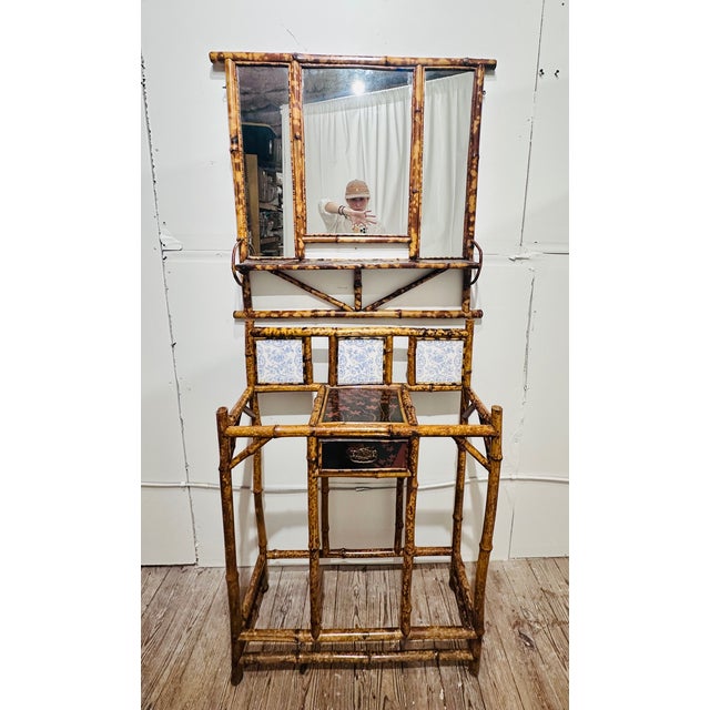 Antique English Aesthetic Era Scorched Bamboo Hall Tree Mirror & Table Set For Sale - Image 10 of 10