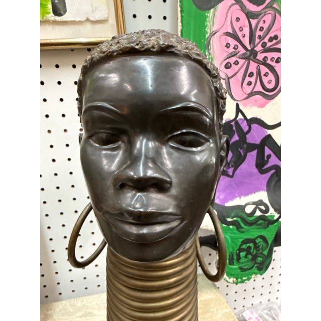 African Vintage Nubian Bronze African Head Sculpture For Sale - Image 3 of 7