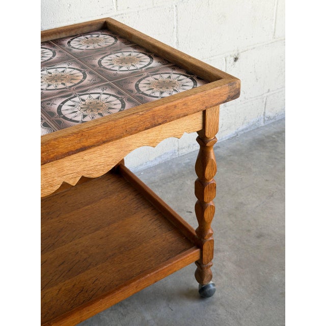 Wood Oak Rolling Bar Cart Patterned Tile Top Serving Tea Trolley in Style of Henning Kjaernulf Denmark 1960s For Sale - Image 7 of 9