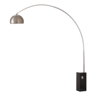 Nova of California Iconic Half Dome Floor Lamp - 95" Mid Century Modern Arc Lamp, Black Marble Base, Satin Nickel Body, Dimmable For Sale