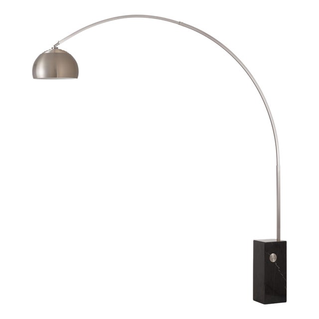 Nova of California Iconic Half Dome Floor Lamp - 95" Mid Century Modern Arc Lamp, Black Marble Base, Satin Nickel Body, Dimmable For Sale