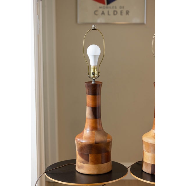 Vintage 1970s Segmented Wood Table Lamps in Walnut, Cherry, and Maple - A Pair For Sale - Image 13 of 14