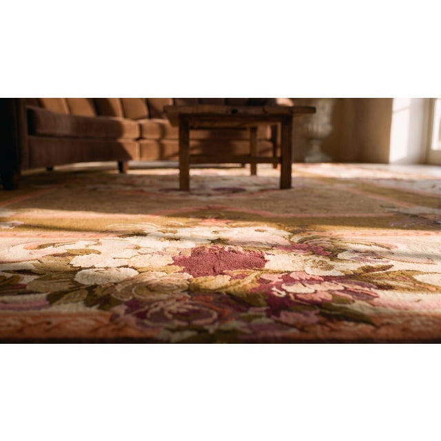 1870s Green White Medallion Antique French Aubusson Rug 15'6" X 22' Handmade Wool Carpet For Sale - Image 9 of 9