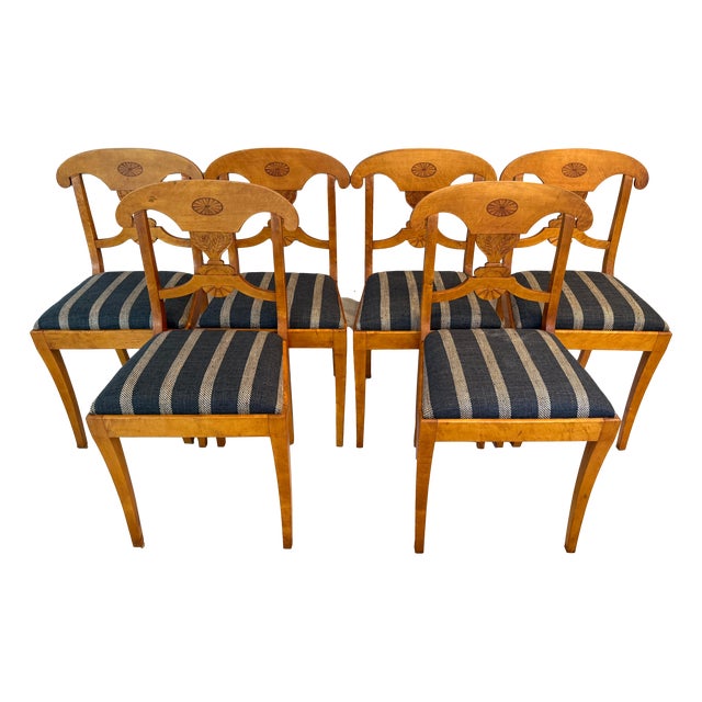 An exceptional, rare set of six antique 19th C Swedish Biedermeier (Karl Johan style) dining chairs crafted in luminous...