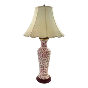Vintage Mid 20th Century English Porcelain Tall Lamp With Floral Design and Scalloped Shape Shade