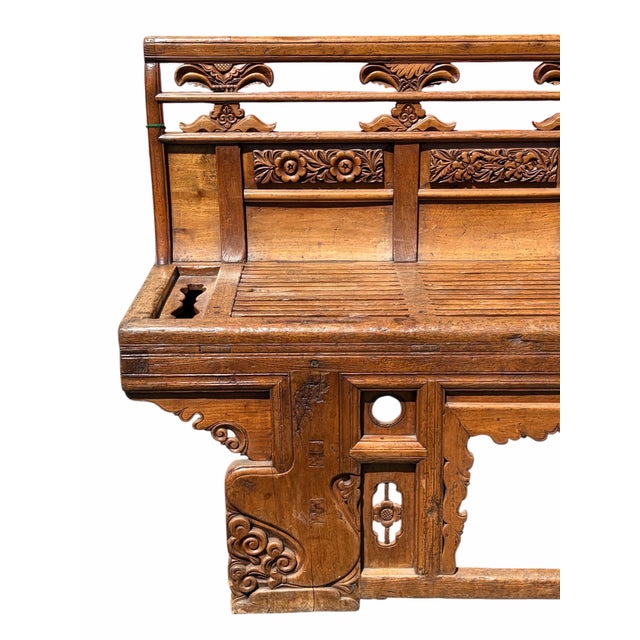 Wood Rare 18th Century Chinese Carved Elm Long Opera Bench For Sale - Image 7 of 12