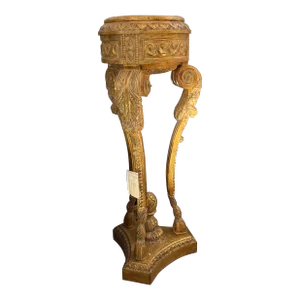 Late 20th Century Carved 3-Leg Scrolled Acanthus Leaf Planter French Louis XVI Style Distressed Gold Finish