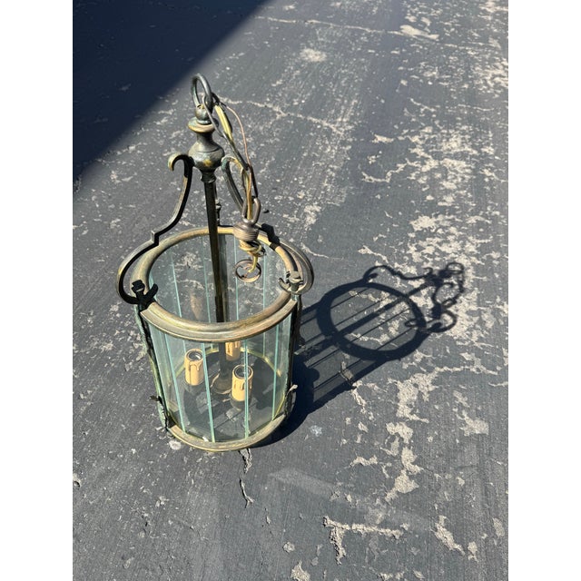 Metal 1950s 3-Light Brass & Belved Glass Cylinder Foyer Chandelier / Lantern For Sale - Image 7 of 12