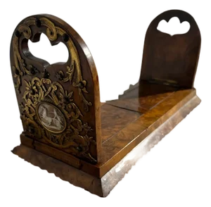 Late 19th Century Parkins and Gotto Burlwood and Brass Gliding Book Stand With Cameos
