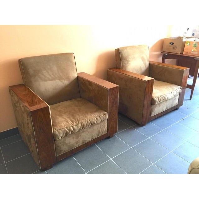 Set of Art Deco Club Armchairs in Alcantara & Walnut, 1930 For Sale - Image 11 of 16