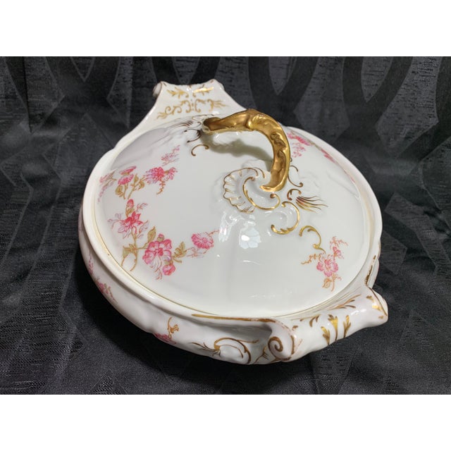 Antique French Limoges Pink and Lavender Flowers Round Serving Dish With Lid by Elite Works For Sale - Image 9 of 13