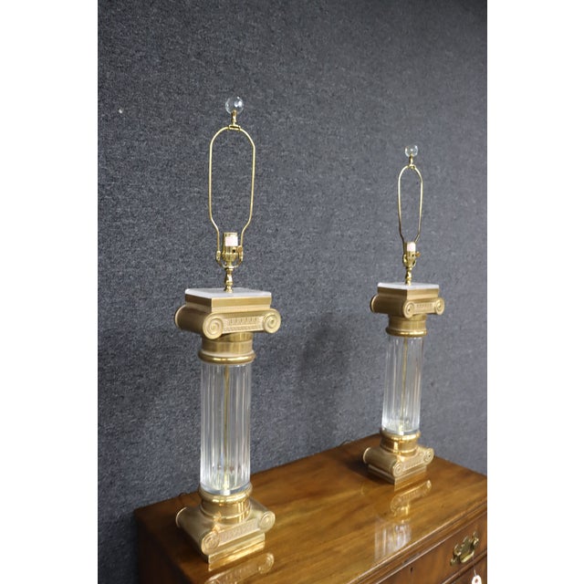 Neoclassical Style Pair of Design Guild Brass & Glass Column Lamps For Sale - Image 13 of 16