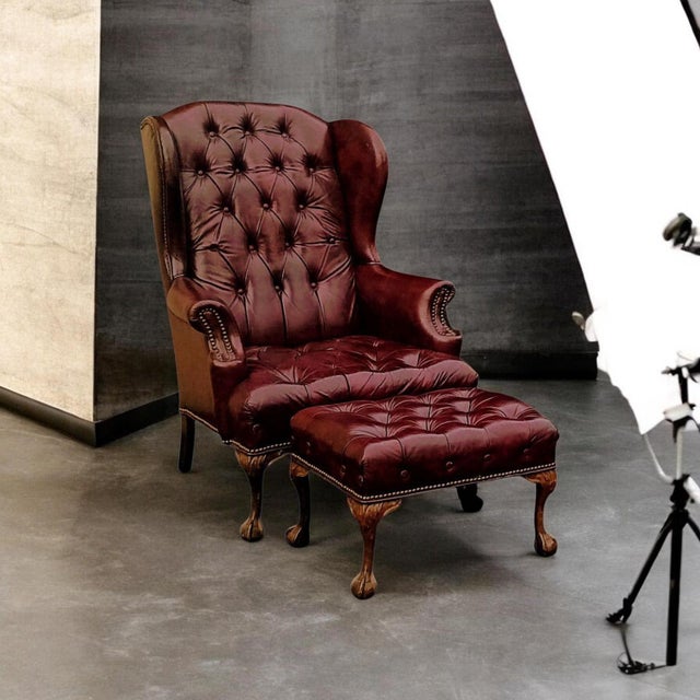1990s Chesterfield Leather Wingback Chair With a Matching Ottoman by Ethan Allen For Sale - Image 10 of 12