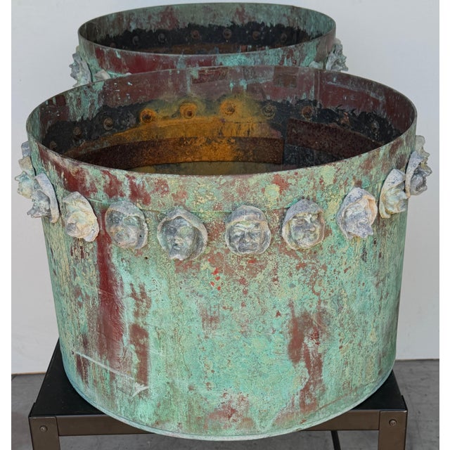 Pair Gothic Revival Verdigris Copper Planters Applied Medieval Heads, circa 1900 For Sale - Image 12 of 18