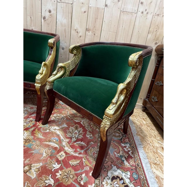 Magnificent, fully restored Empire-style living room set, comprising a sofa and two matching armchairs in solid mahogany....