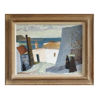 Mid-Century Modern 'Coastal Descent' Vintage Swedish Street Scene Landscape Oil Painting, Framed For Sale