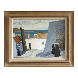 Mid-Century Modern 'Coastal Descent' Vintage Swedish Street Scene Landscape Oil Painting, Framed