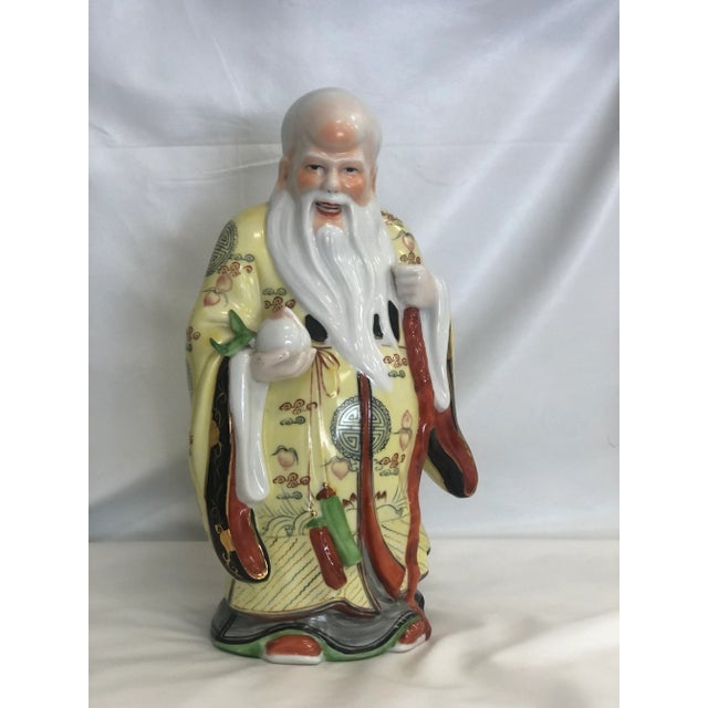 VINTAGE Chinese Porcelain Famille Rose Porcelain Statue of Wise Man Deity Shou Xing God of Longevity holding a peach and a...