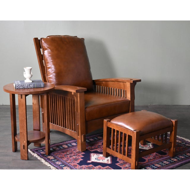 Craftsman-Mission Morris Arm Chair & Ottoman Set-Russet Brown Leather For Sale - Image 10 of 10
