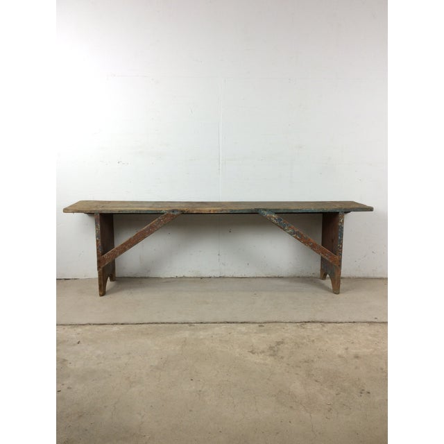 Antique Primitive Farmhouse Wood Bench With Chippy Paint Patina For Sale - Image 16 of 18