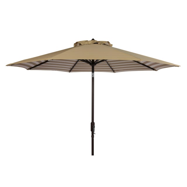 Inside Out Stripe 9 Ft Crank Outdoor Auto Tilt Umbrella in Beige & White For Sale - Image 4 of 4
