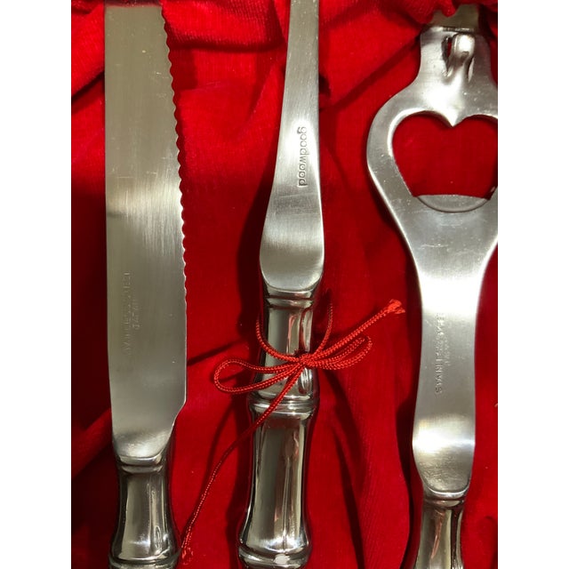Mid-Century Modern Vintage Barware - MCM 5-Pc Silver Stainless Steel Bamboo Bar Tool Set by Goodwood in Original Box - Palm Beach Regency - British Colonial For Sale - Image 3 of 9