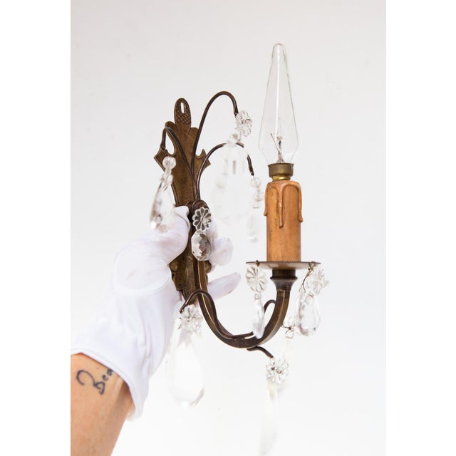 Antique French Brass and Crystal Wall Sconces, 1930s, Set of 2 For Sale - Image 3 of 11
