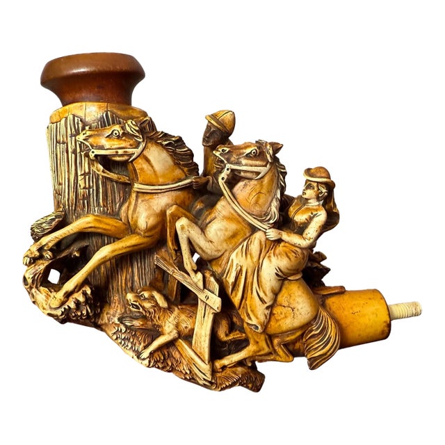 Huge Antique 19th Century Hand Carved Man Lady Horse Dog Meerschaum Smoking Pipe For Sale